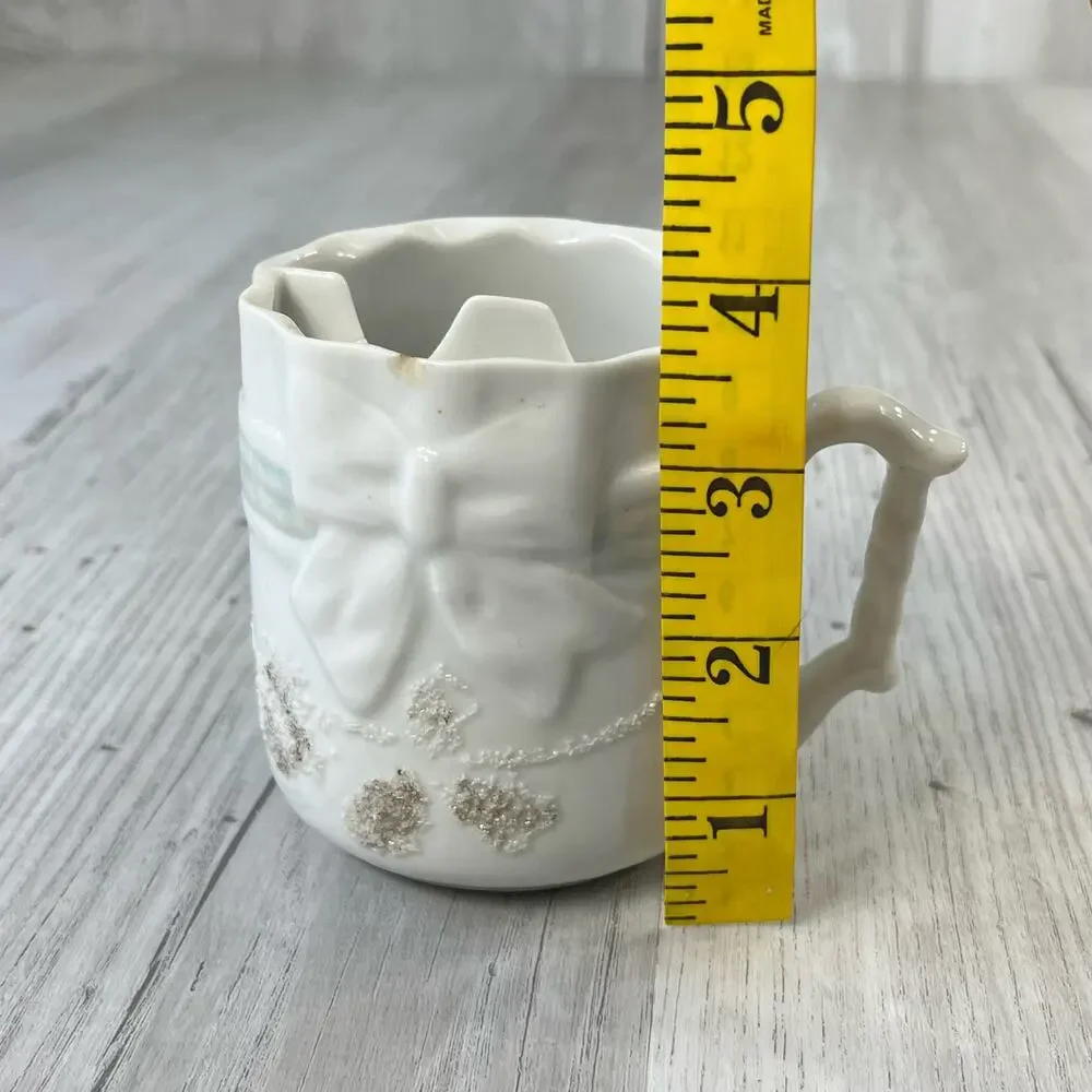 Vintage White Gold Floral Bow Accent Shaving Mug Cup Decor